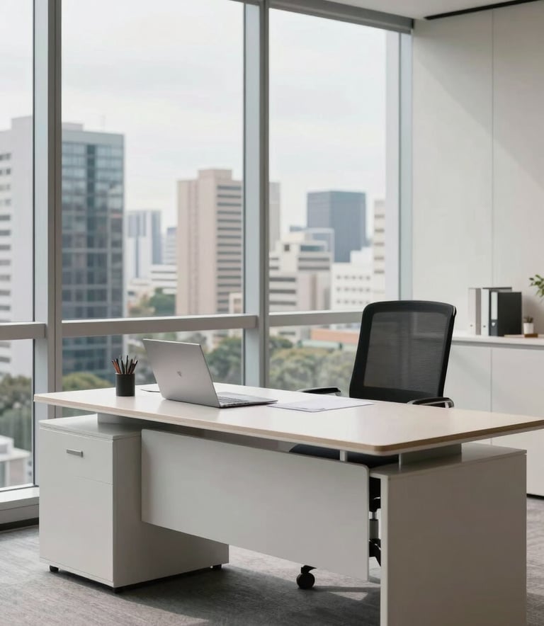 A high-end, clean professional office setting in a South American / Brazilian corporate building. A large window overlooks a modern cityscape, with a minimalist desk in off-white and light grey tones, projecting an image of organized success.