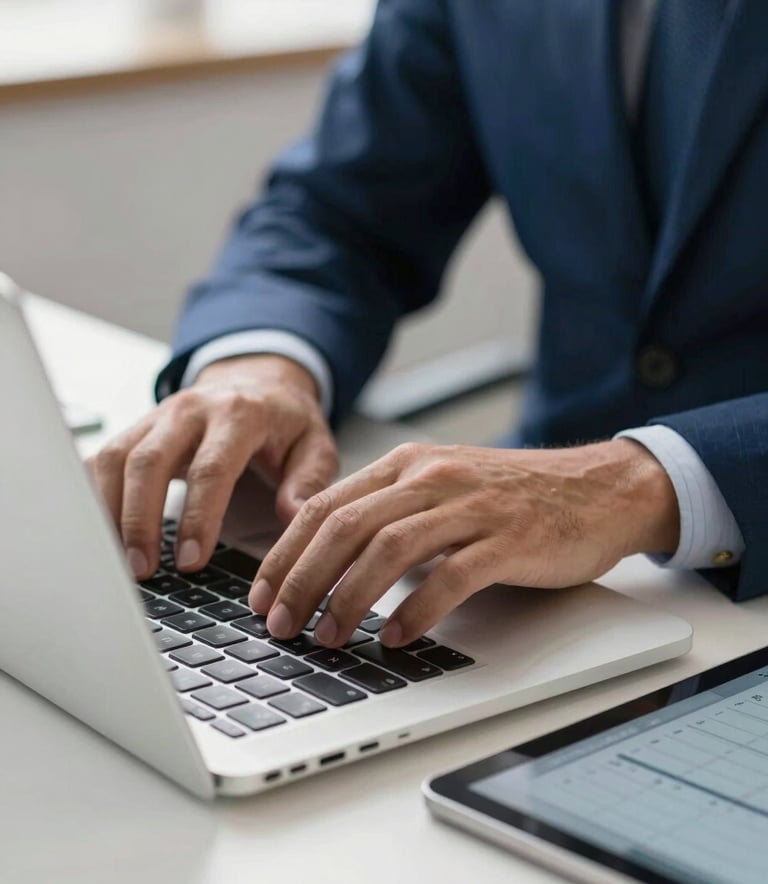 Close-up of professional hands typing on a laptop in a bright, organized office in Brazil. A digital tablet showing a clean schedule is visible nearby. Professional lighting, crisp focus, sophisticated business atmosphere with deep blue and white accents.