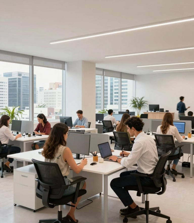 A bright and airy coworking space in a Brazilian business district. The scene shows organized desks, people in smart-casual attire focusing on work, and a clean environment dominated by off-white and light grey colors.