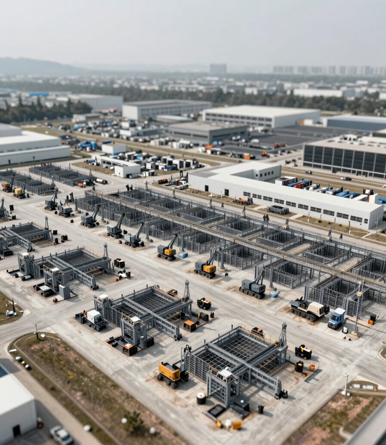 An authoritative photograph of a large-scale industrial facility logistics plan implemented by Andrew Horan. The scene features organized heavy equipment and structural foundations with a professional, clean layout in #1A2C3D and #F5F8FA tones.