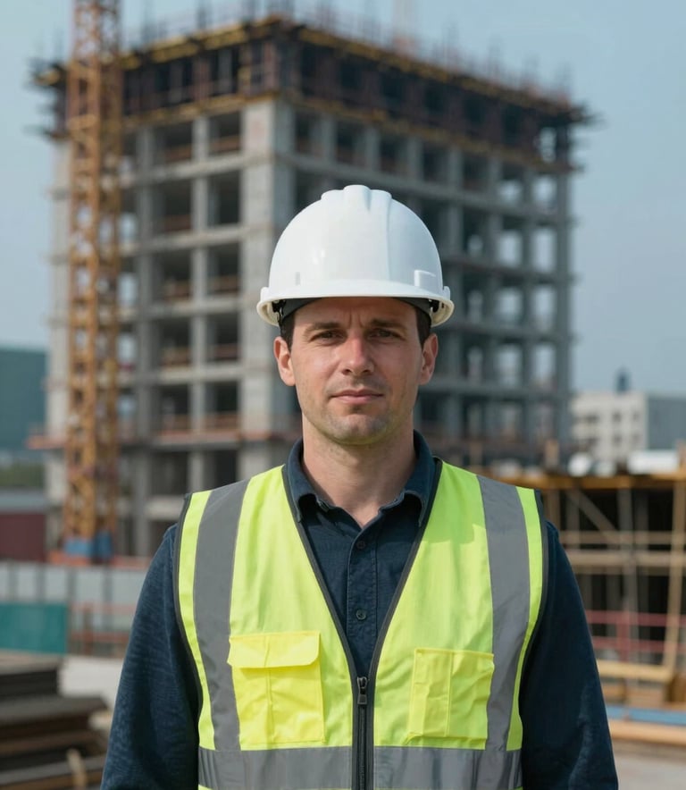 A professional portrait of Andrew Horan standing on an urban construction site. He is wearing a white hard hat and a reflective safety vest. In the background, the steel skeleton of a new building rises against a muted blue sky (#9FB8C6). The style is realistic and grounded, conveying reliability.