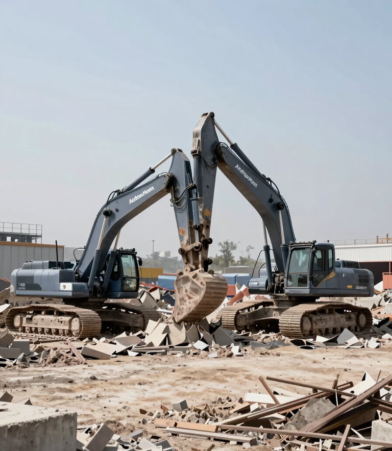 A wide-angle, realistic photo of a large-scale industrial demolition site managed by Andrew Horan. Massive excavators with hydraulic shears are working on a concrete structure. The lighting is bright daylight, featuring a color palette of dusty grays, #4C6A7F blue equipment, and a clear #F5F8FA sky. Professional and authoritative atmosphere.