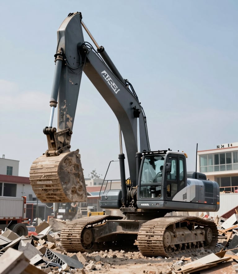 A grounded, realistic shot of an urban demolition project managed by Andrew Horan. Heavy machinery in #4C6A7F tones is captured mid-operation against a clear, bright sky. The composition is clean and focused, highlighting modern efficiency and industrial scale.