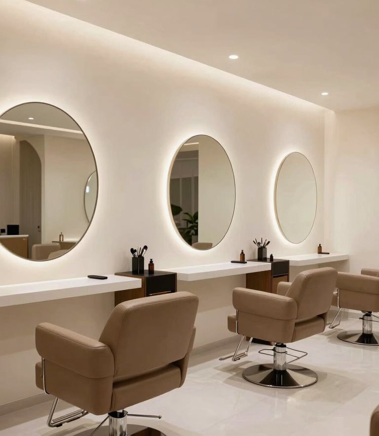 Interior shot of a modern, luxurious unisex salon in Mysuru. Clean off-white walls, large circular mirrors with soft backlighting, and comfortable leather chairs in taupe. South Asian / Indian setting with professional, inviting lighting.