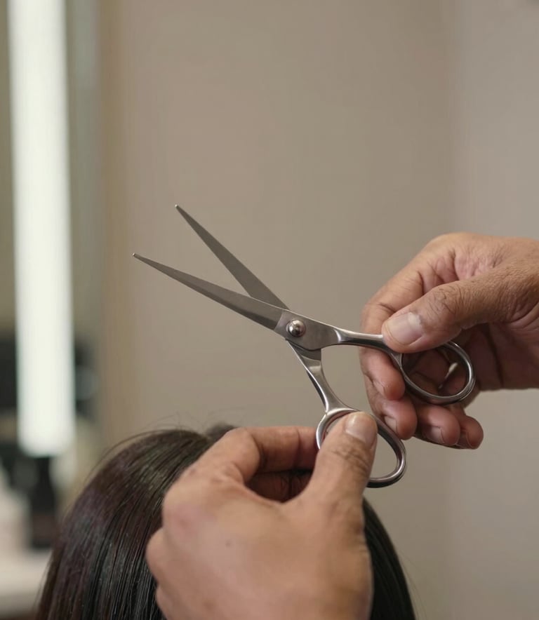 Close-up of a professional stylist working on a client's hair in a brightly lit South Asian salon, using professional silver scissors, soft focus on the modern taupe background.