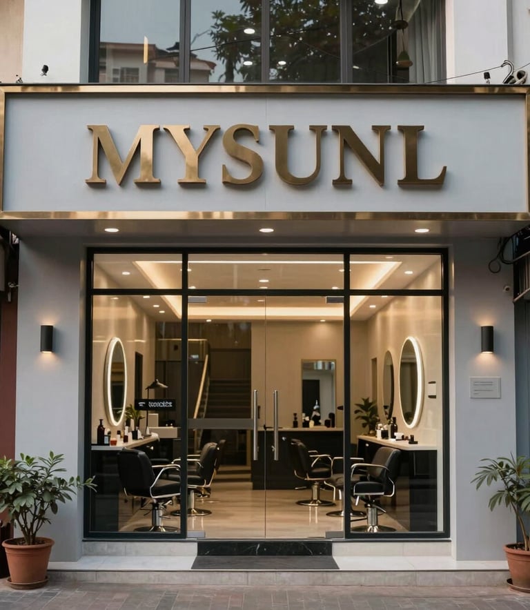 Photography of a modern salon exterior in Mysuru, South Asian street context, showcasing a professional entrance with glass doors and elegant signage against a light gray building facade.