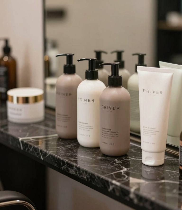 Close-up of premium hair and skin care products arranged on a sleek charcoal marble counter in a professional salon. Soft natural lighting, luxury atmosphere, featuring a palette of taupe and off-white. South Asian / Indian setting.