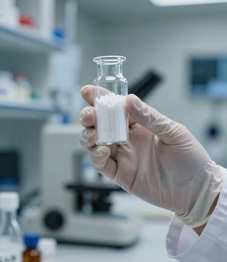 A high-end, close-up photograph of a pharmaceutical research lab in a North American setting. The focus is on a professional scientist's gloved hand holding a clear glass vial containing a white crystalline powder. The background is a clean, sophisticated laboratory with blurred stainless steel equipment and soft blue and white lighting.