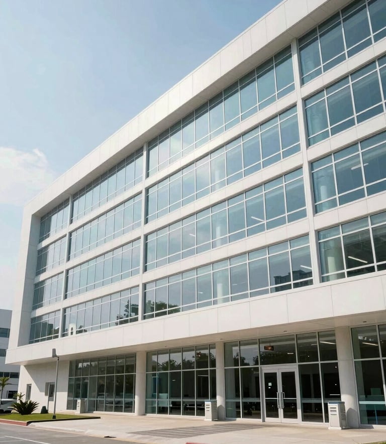 An wide-angle architectural shot of a modern pharmaceutical research facility with clean lines, glass walls, and a professional, authoritative atmosphere. The scene is bright with natural light and hints of light blue and white colors. North American / Global context.