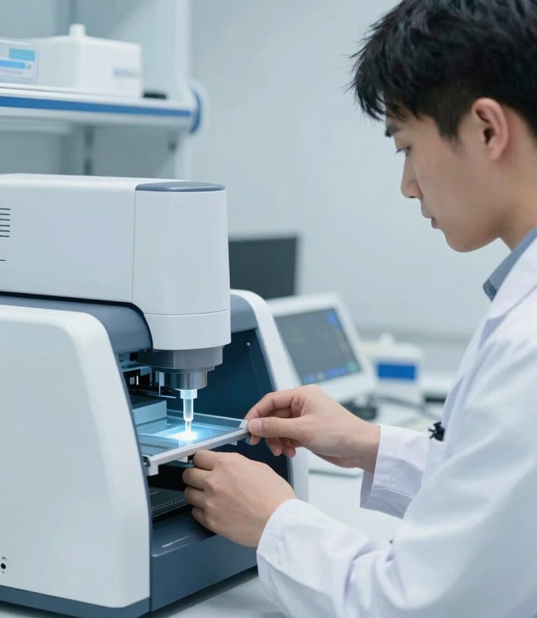 A close-up photograph of a professional scientist in a white coat operating a high-tech liquid chromatography system in a sterile, bright white laboratory. The lighting is crisp and cool, featuring soft blue tones. North American / Global setting.
