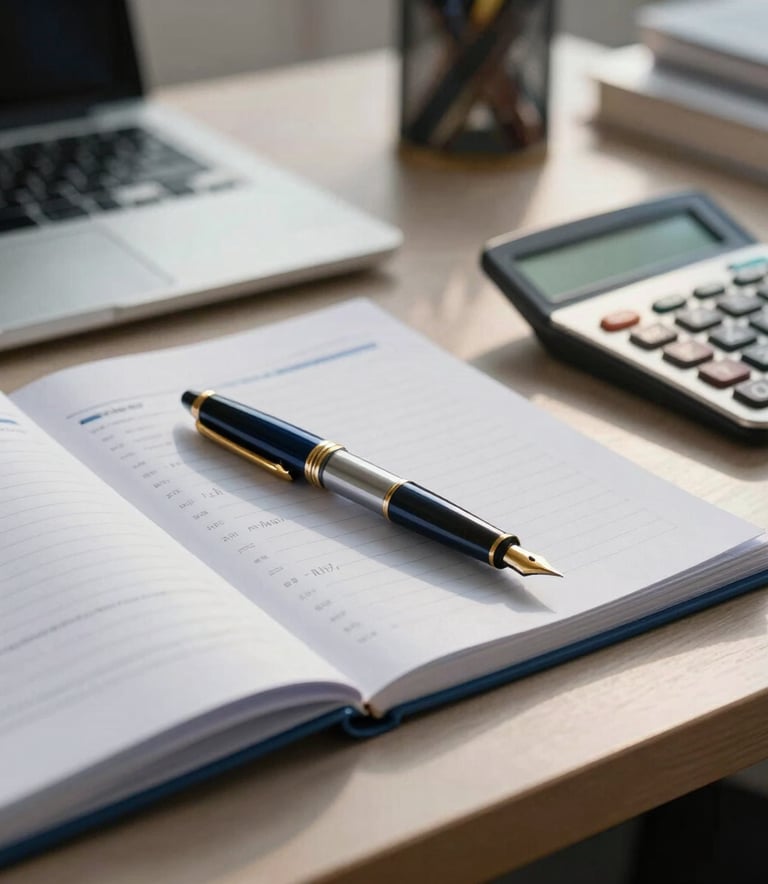 A professional workspace in a Central European office featuring an organized desk with a luxury fountain pen, financial ledgers, and a calculator, reflecting precision and order, in soft morning light with medium blue and gold accents.