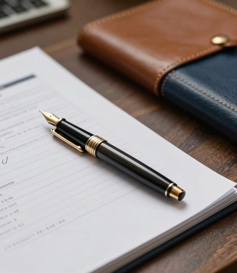 Detailed photography of a professional desk setup in a Central European / Slovak office, featuring a luxury fountain pen, leather-bound folders, and neatly stacked financial reports. The lighting is soft and focused, using tones of gold and dark blue to convey a mood of stability and order.