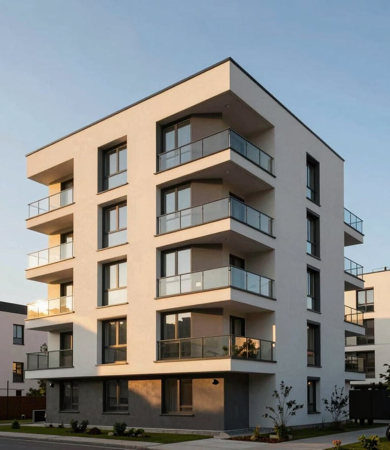 A modern residential property in a Central European neighborhood, captured during the golden hour with soft sunlight hitting the glass windows and clean architectural lines.