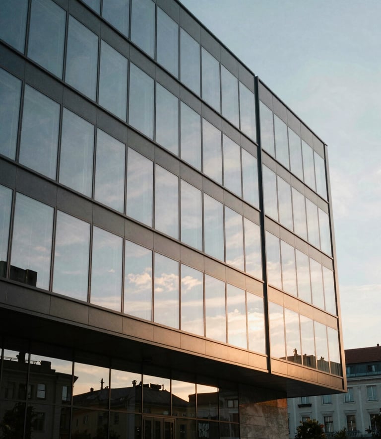 External shot of a contemporary glass office building in Bratislava, Central European / Slovak architecture, captured during the golden hour with soft sunlight reflecting off the windows, creating an aura of established success.