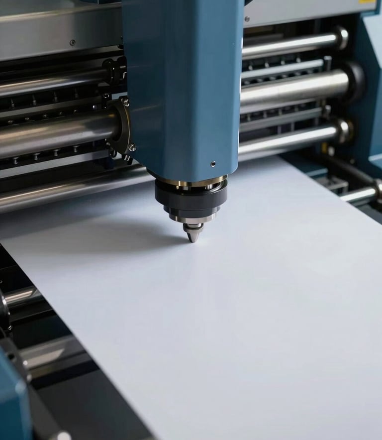 A close-up photograph of a modern industrial printing head moving across high-quality paper. The scene is illuminated by clean, professional lighting, highlighting steel blue surfaces and mist white paper. The mood is one of extreme precision and meticulous quality.