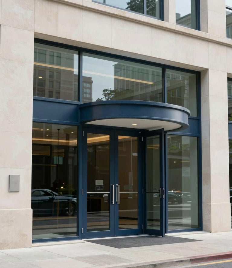 A professional architectural photograph of a sleek, modern glass door entrance at a large North American corporate headquarters. The lighting is bright and clean, emphasizing the off-white stone and dark blue metal frames.