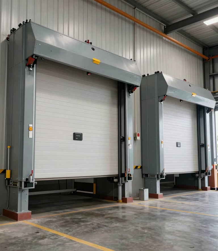 A professional wide-angle photograph of an industrial rolling door installation at a large North American logistics hub, showing technical precision and high-quality materials under bright, clean lighting.