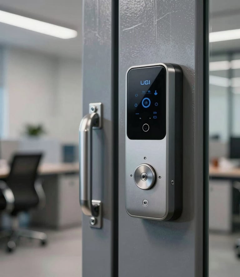 Close-up commercial photography of high-performance door hardware and electronic access control systems installed on a heavy-duty industrial door, in a professional US office setting.
