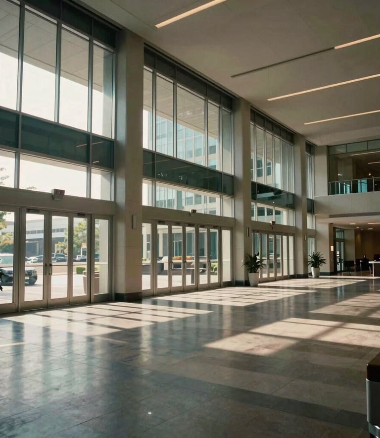 A wide-angle photograph of a large, busy North American office lobby during business hours, featuring multiple sets of high-efficiency glass doors under soft morning sunlight.