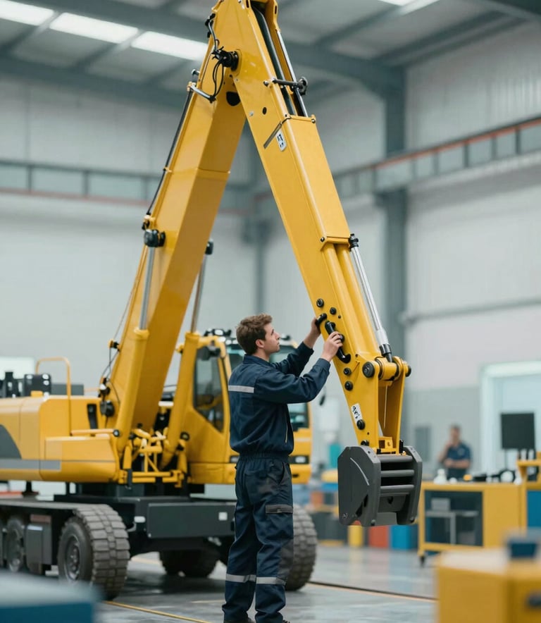 A high-action, professional shot of a yellow heavy-duty construction crane being serviced in a clean, modern workshop. A technician in a dark blue uniform is inspecting the hydraulic system. The lighting is crisp and industrial, utilizing the brand palette with #405D7C shadows and #A5BCCF highlights.