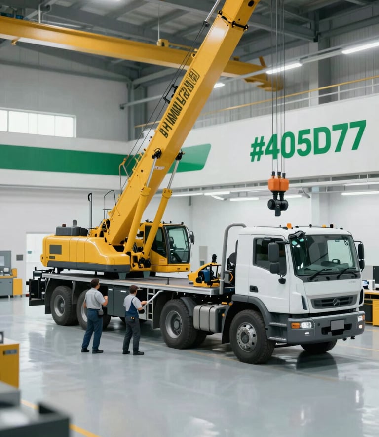 A wide-angle, professional shot of a repair bay in Japan where mechanics are working on a large yellow construction crane and a heavy-duty truck. The lighting is bright and industrial, featuring a clean workspace with the brand's palette of #405D7C and #A5BCCF reflected in the machinery and environment.