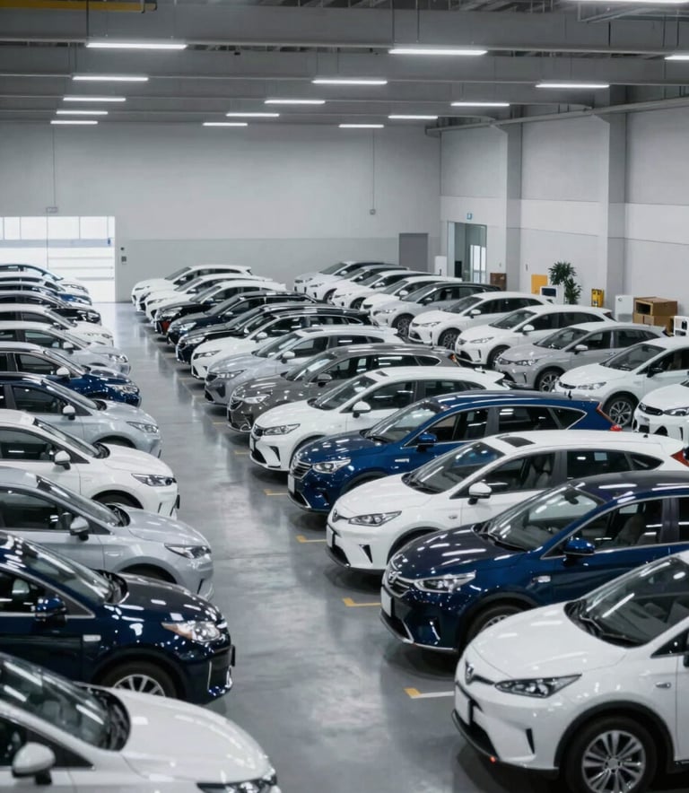 A high-end photograph of a vast, organized car warehouse in Japan. Rows of clean, exported used cars are lined up under soft industrial lighting. The atmosphere is established and professional, incorporating the brand colors #1A2A38 and #F8F9FA into the architectural details.