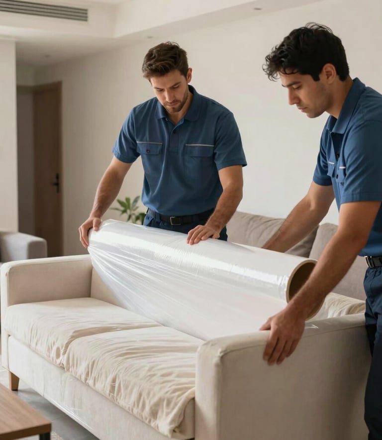 Professional movers in Peru carefully wrapping furniture in high-quality protective film and thick blankets. The scene is set inside a modern South American home, emphasizing care and reliability. The colors in the scene include Slate Blue uniforms and Off-white packaging materials.