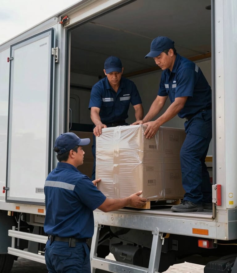 Professional team members in modern logistics uniforms securing fragile cargo inside a transport truck. South American / Peruvian urban setting, bright daylight, steel blue and dark navy blue accents, clean professional composition.