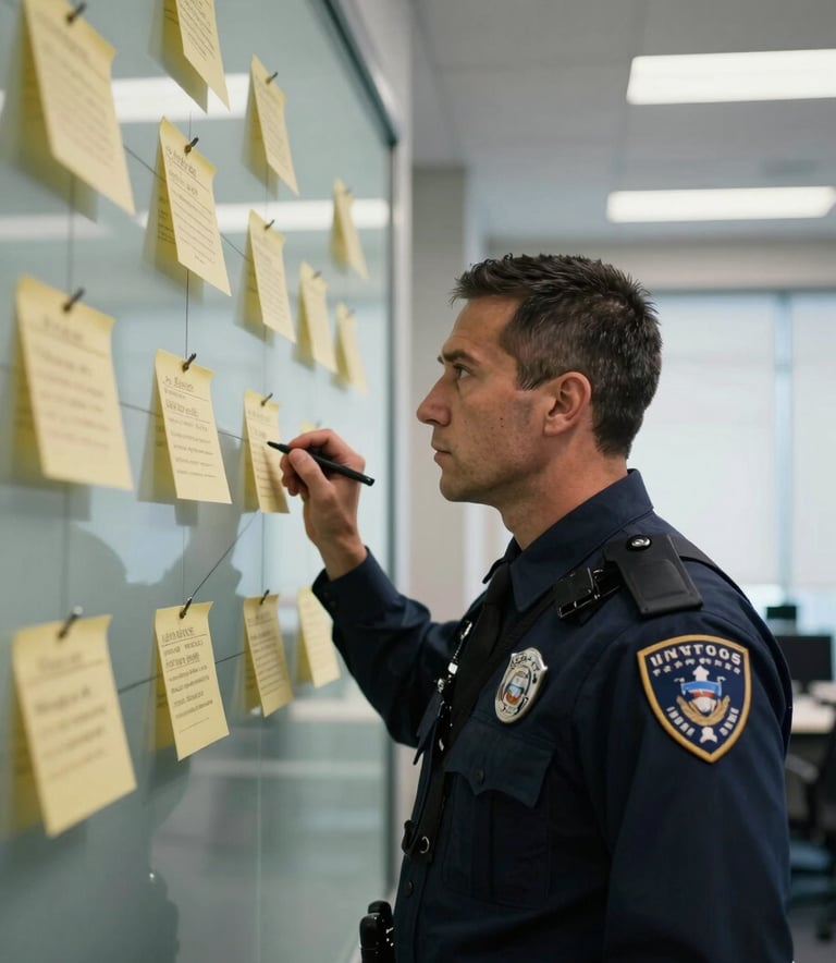 A sharp, high-contrast photograph of a professional investigator in a modern US office looking intensely at a glass wall covered in evidence markers and connections, emphasizing intelligence and precision.