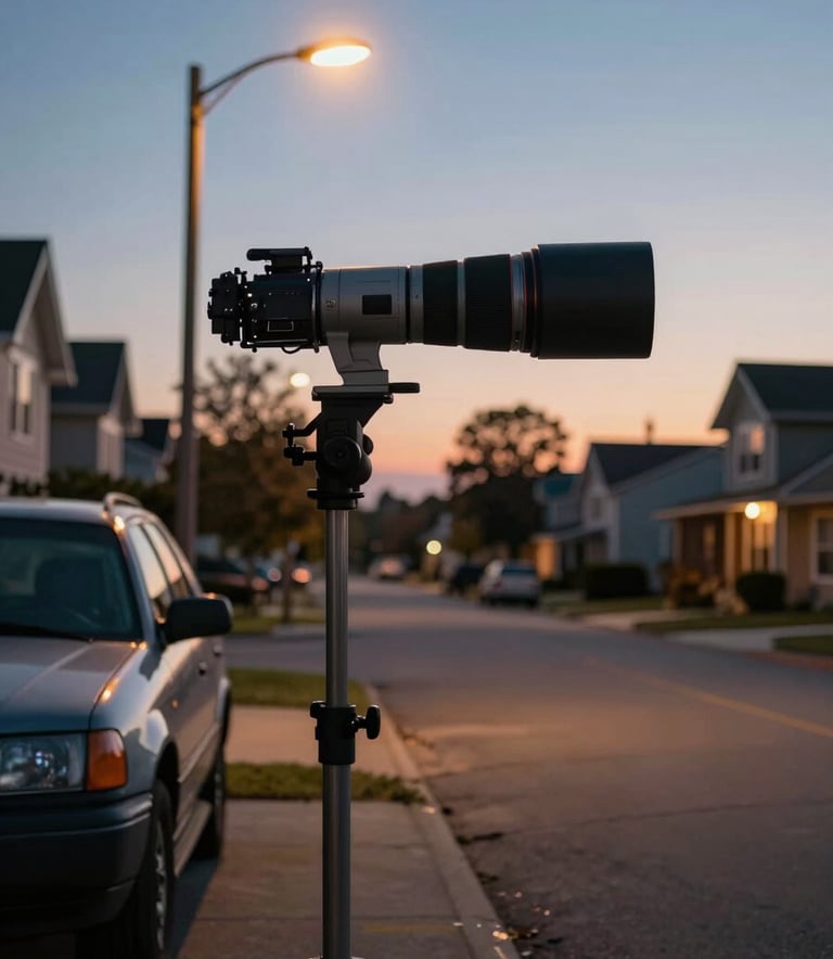Cinematic wide shot of a quiet North American residential street at twilight, a parked vehicle under a streetlamp, shot with a professional telephoto lens, emphasizing observation and detail.