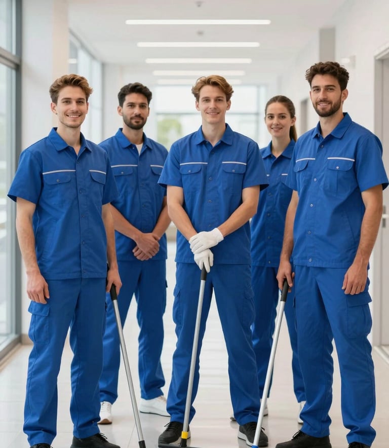 A professional cleaning team in Ankara, wearing matching blue corporate uniforms, standing confidently in a bright, modern hallway. They are holding professional cleaning tools, conveying trust, hygiene, and efficiency.