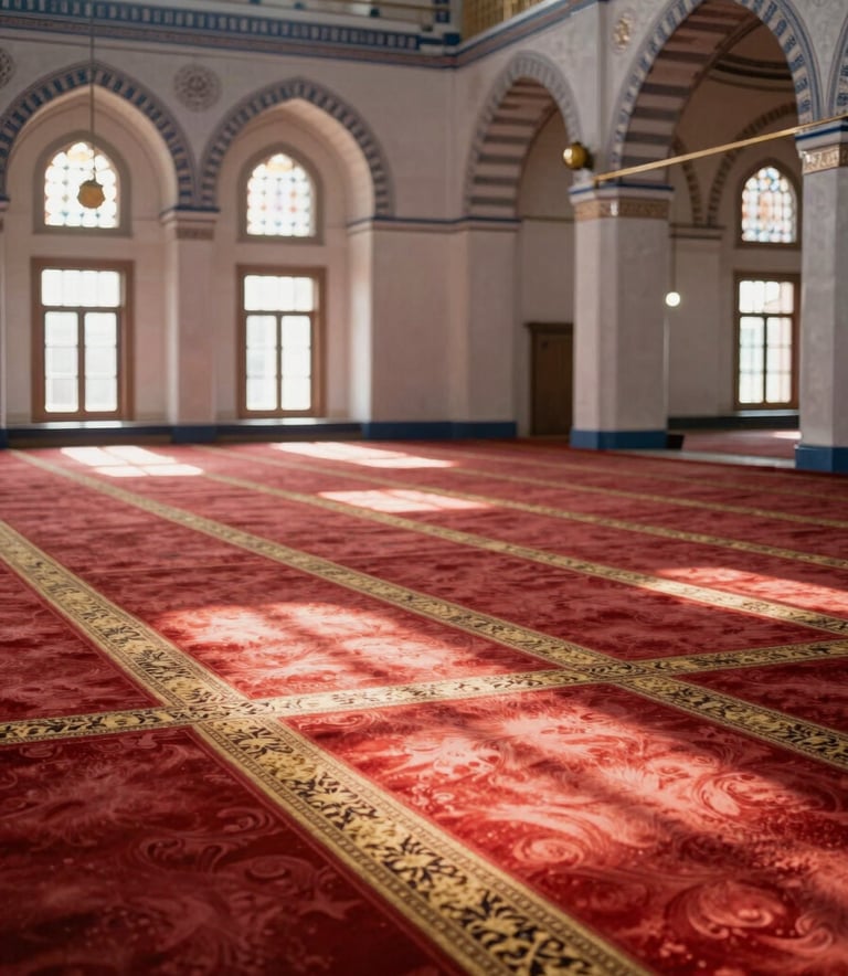 Interior of a large, beautiful Turkish mosque featuring vibrant, clean red and gold carpets, soft sunlight streaming through windows, emphasizing hygiene and meticulous care, professional photography.