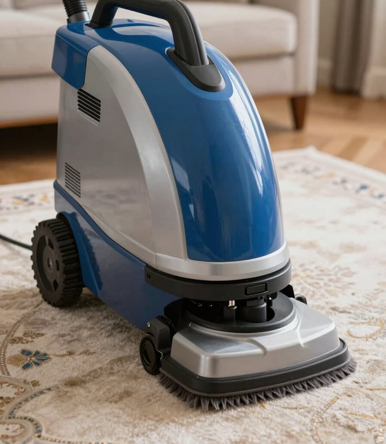 A close-up photograph of a professional industrial carpet cleaning machine in action on a luxury Turkish home carpet. The lighting is bright and clean, emphasizing a hygienic and professional service. The machine is blue and silver, reflecting a modern corporate aesthetic.
