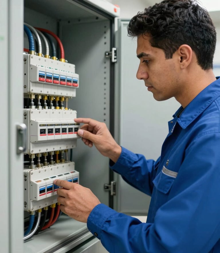 A close-up of a professional technician in a Steel Blue uniform inspecting a complex electrical panel in a modern Latin American / Spanish commercial building. Clear, bright lighting emphasizing professional detail.