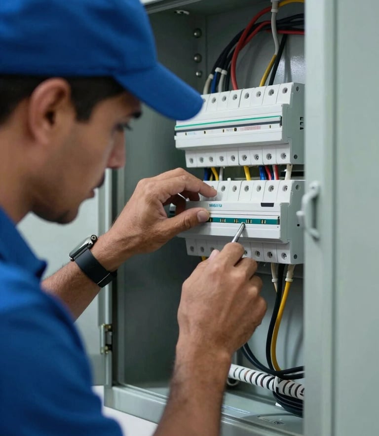 A close-up of a professional electrician's hands working on a modern electrical panel with organized wiring in a Latin American / Spanish home setting. Sharp focus, professional lighting, featuring Deep Blue and Pale Ice Blue tones from the brand palette.