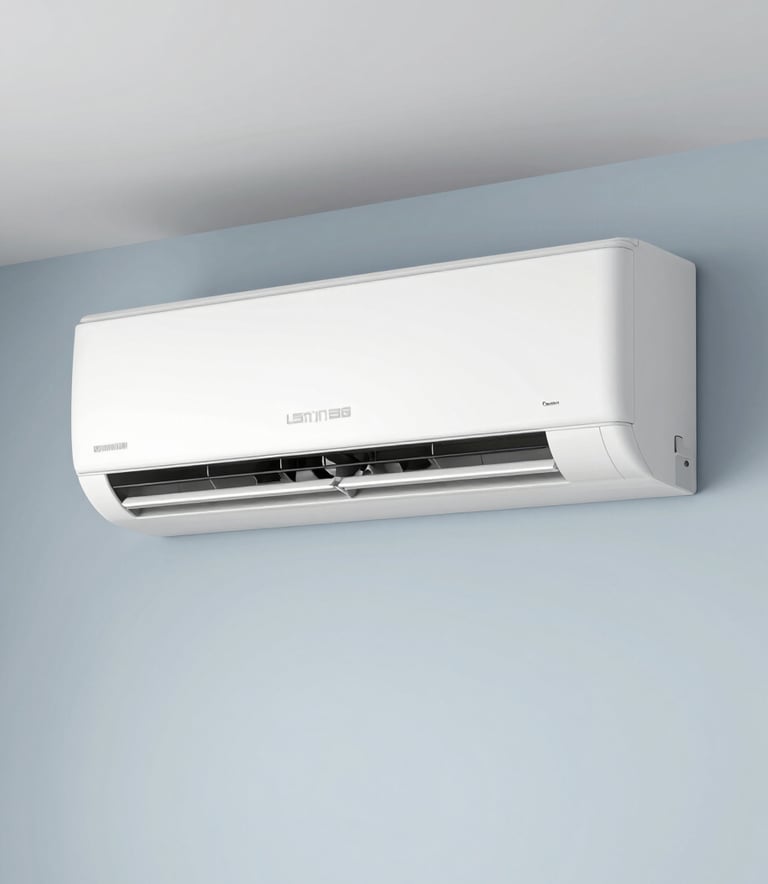 A sleek, modern split air conditioner unit mounted on a clean Pale Mist Blue wall in a stylish Latin American / Spanish home interior. Minimalist and fresh aesthetic.