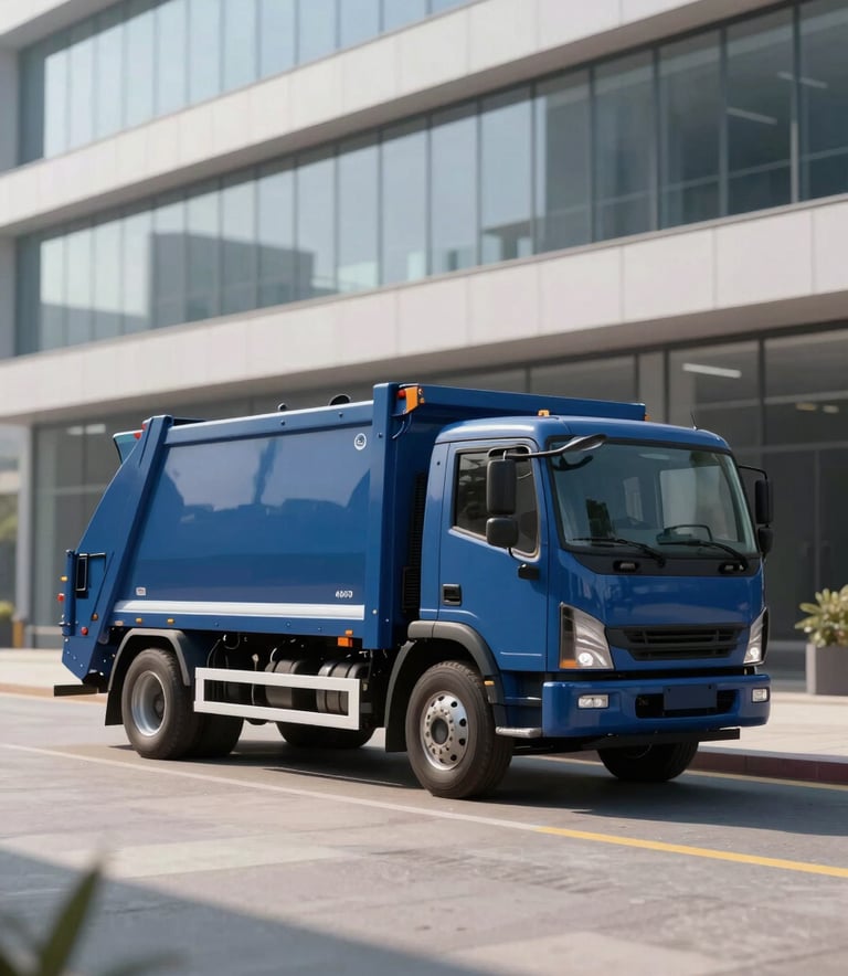 A sleek, modern junk removal truck painted in #415A77 steel blue with minimalist #F8F9FA decals, parked in front of a clean, contemporary office building. High-end architectural photography style, morning light, emphasizing professionalism and reliability.