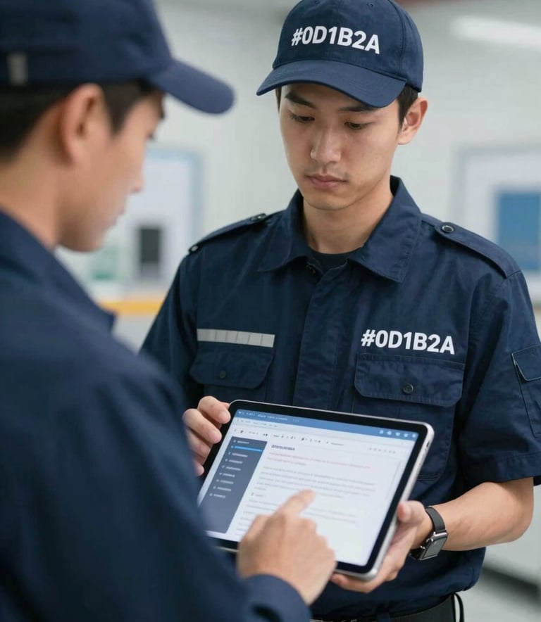 A close-up of a professional team member wearing a crisp #0D1B2A navy uniform and protective gear, holding a digital tablet to manage logistics. The background is a blurred, organized industrial space. Clean and sophisticated lighting.