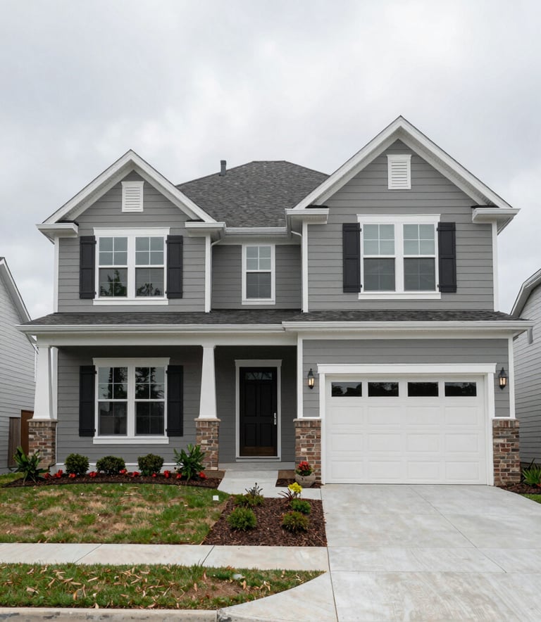 The exterior of a clean, modern single-family home in Durham, NC, under a Light Mist colored sky. The North American / US (Southeast) architecture is highlighted by professional landscaping and an organized, welcoming entrance.