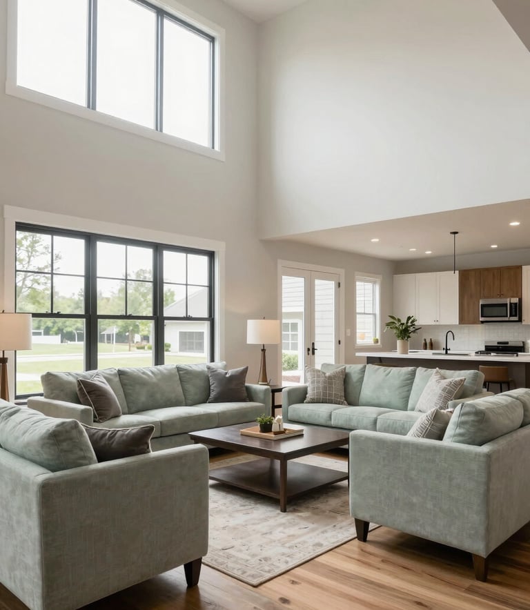 A bright and airy living room inside a modern North American / US (Southeast) townhouse. The space features high ceilings, hardwood floors, and furniture in Soft Sage and Light Mist tones. The atmosphere is professional and move-in ready.