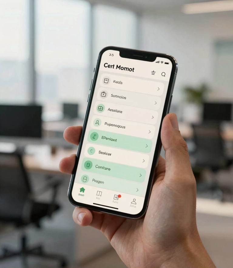 A close-up of a professional holding a high-end smartphone in a modern US office setting, showing a sleek, user-friendly mobile application interface with off-white and light green colors. Soft morning light creates an innovative atmosphere.