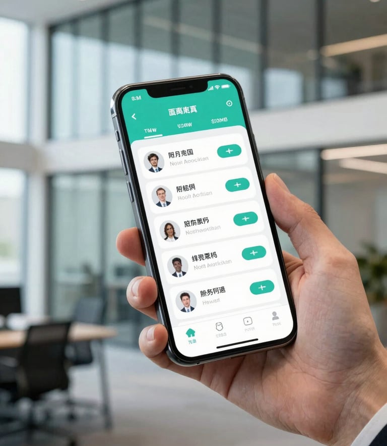 A high-end smartphone held by a professional in a North American corporate setting, showing a sleek interface with teal accents, against a background of a modern glass-walled office.