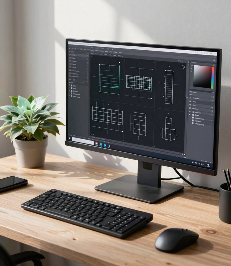 A designer's desk in a North American studio with a large monitor displaying wireframes, a mint green plant, and bright morning light illuminating the high-performance workspace.