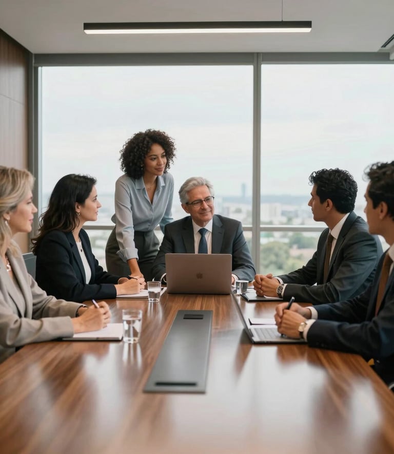 A high-end corporate boardroom in a modern building in Brazil, with South American professionals collaborating around a large wooden table under bright, natural light, reflecting a trustworthy and efficient business atmosphere.