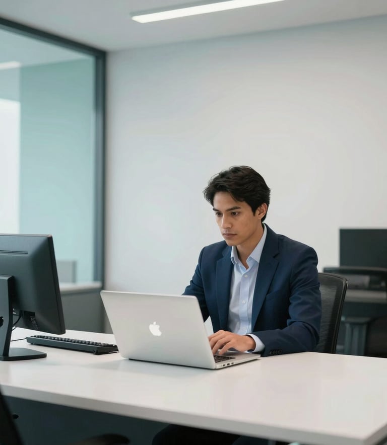 A focused professional in a modern South American corporate office using a laptop. The space is bright and minimalist, with clean lines and subtle teal and dark blue accents in the decor.