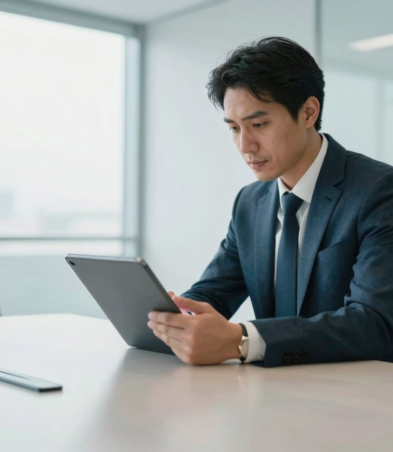 A professional South American setting where an executive is looking at a tablet in a bright, modern meeting room. The style is clean, reflecting corporate reliability with teal and white tones.