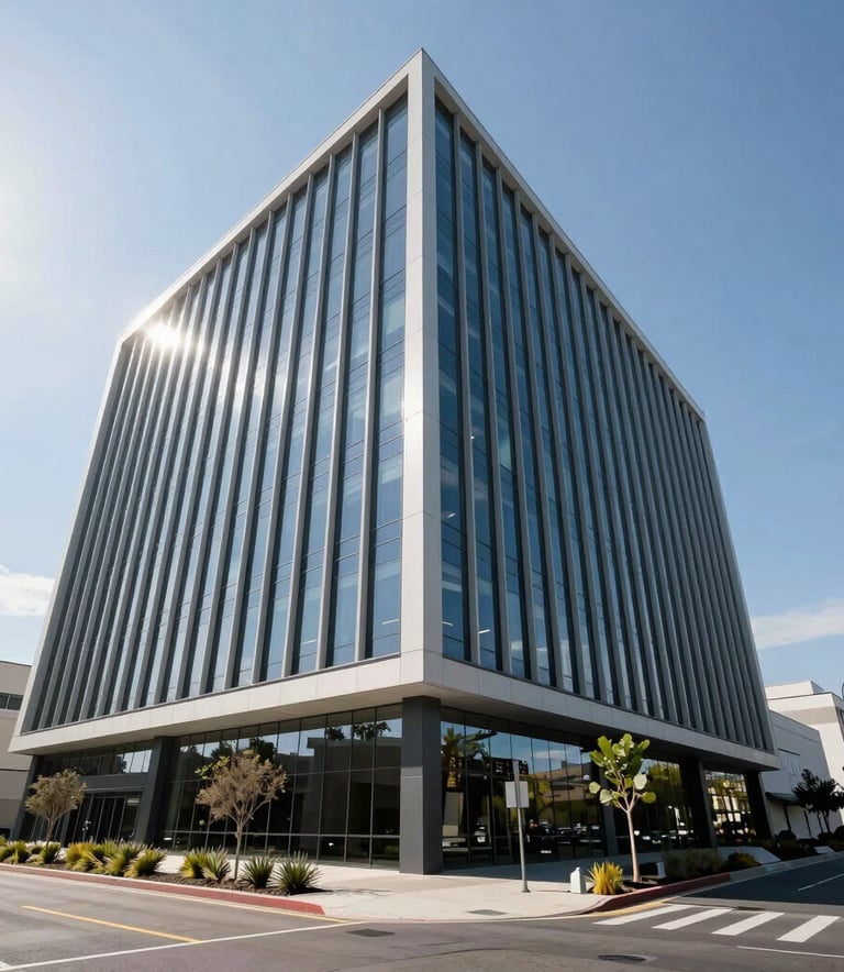A low-angle shot of a sleek, modern commercial building in Southern California, featuring clean lines, reflective glass, and professional landscaping under a clear, bright sky.