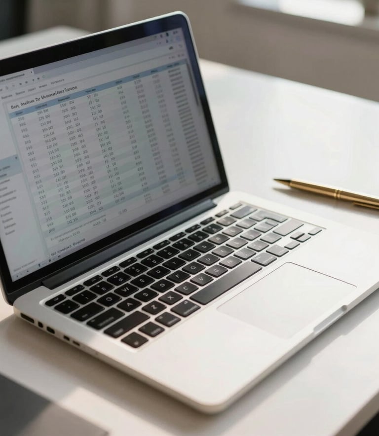 A close-up of a high-end laptop on a clean, modern desk in a sunlit Southern California office, showing professional financial data, with a gold pen resting on the side, conveying efficiency and precision in a steel blue and off-white setting.