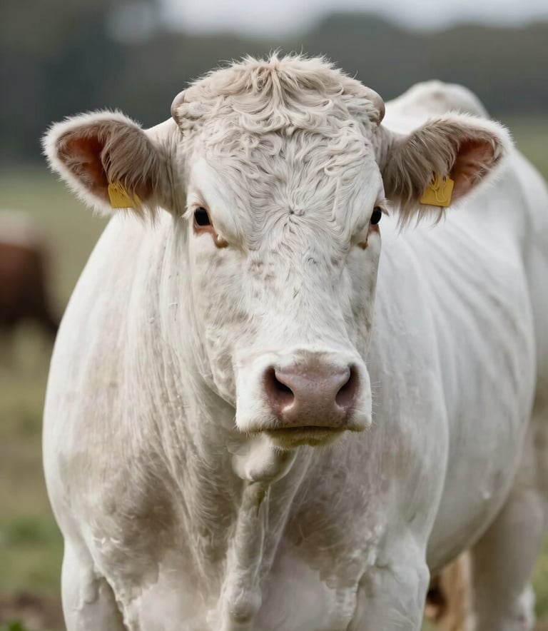 Close-up detail of a high-quality bull showing muscle structure and health. Soft focus on the background featuring the farm's natural palette. The style is modern, professional, and sophisticated, using the #F8F3EC light quality for clarity.