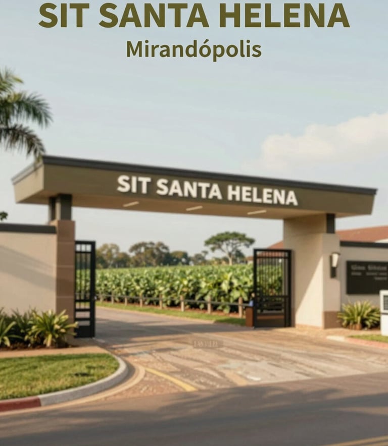 A professional wide shot of the SIT SANTA HELENA property entrance in Mirandópolis, featuring clean fences and a modern agricultural aesthetic. The scene is illuminated by natural daylight with a palette of greens (#88A67B) and browns (#3F322B), conveying reliability and expertise.
